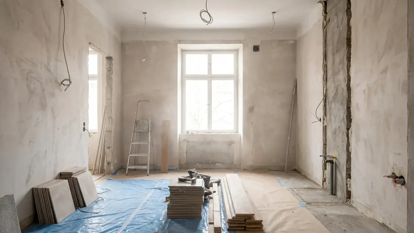 Chantier : pièce mise à nu face à sa haute fenêtre, gaines électriques en attente, lames de parquet empilées sur la bâche