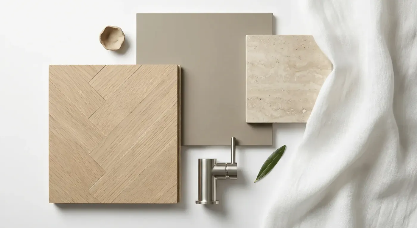 Planche de matériaux : parquet en point de Hongrie, travertin, enduit gris et robinetterie inox