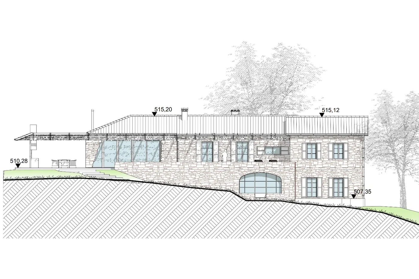Façade de la maison à Baillargues, posée sur la pente : élévation dessinée