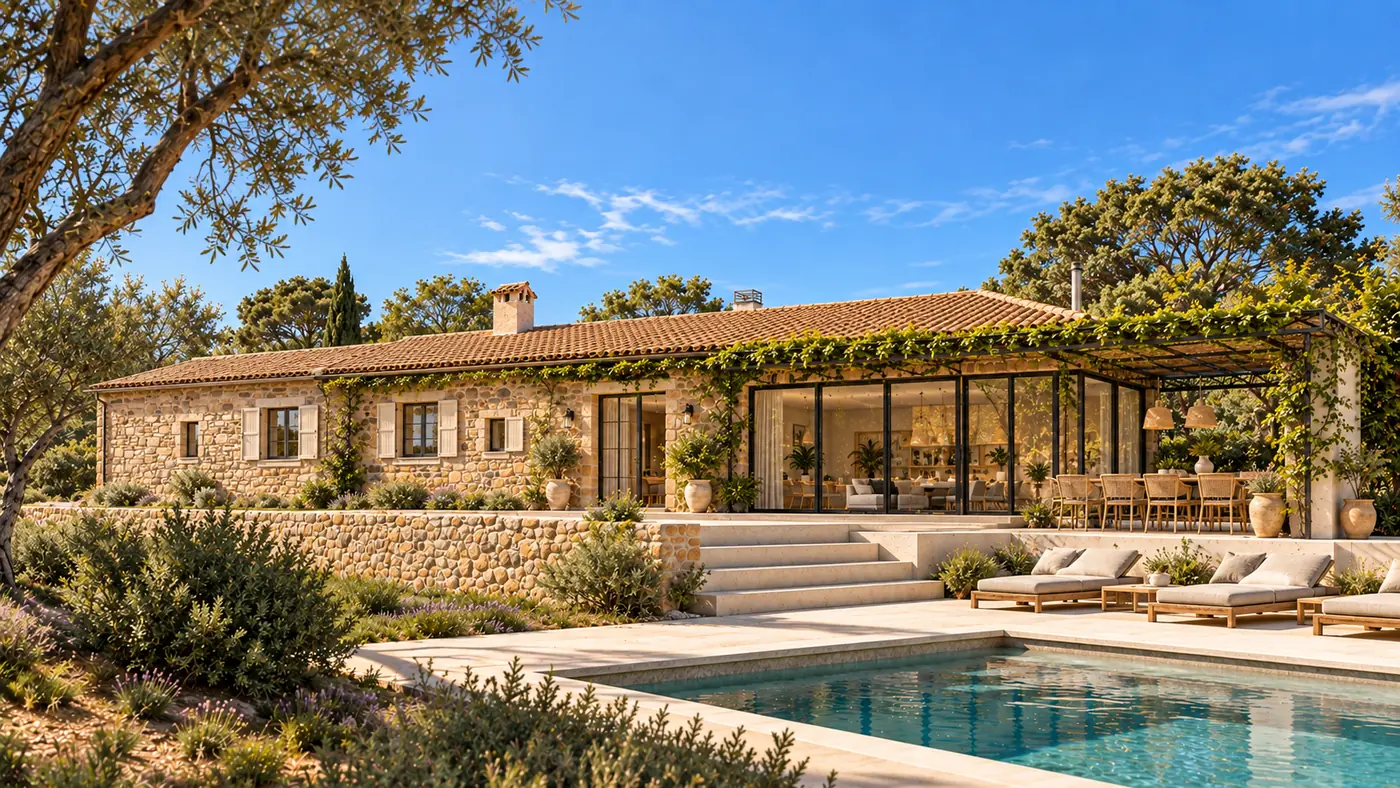 Maison en pierre réhabilitée avec terrasse et piscine