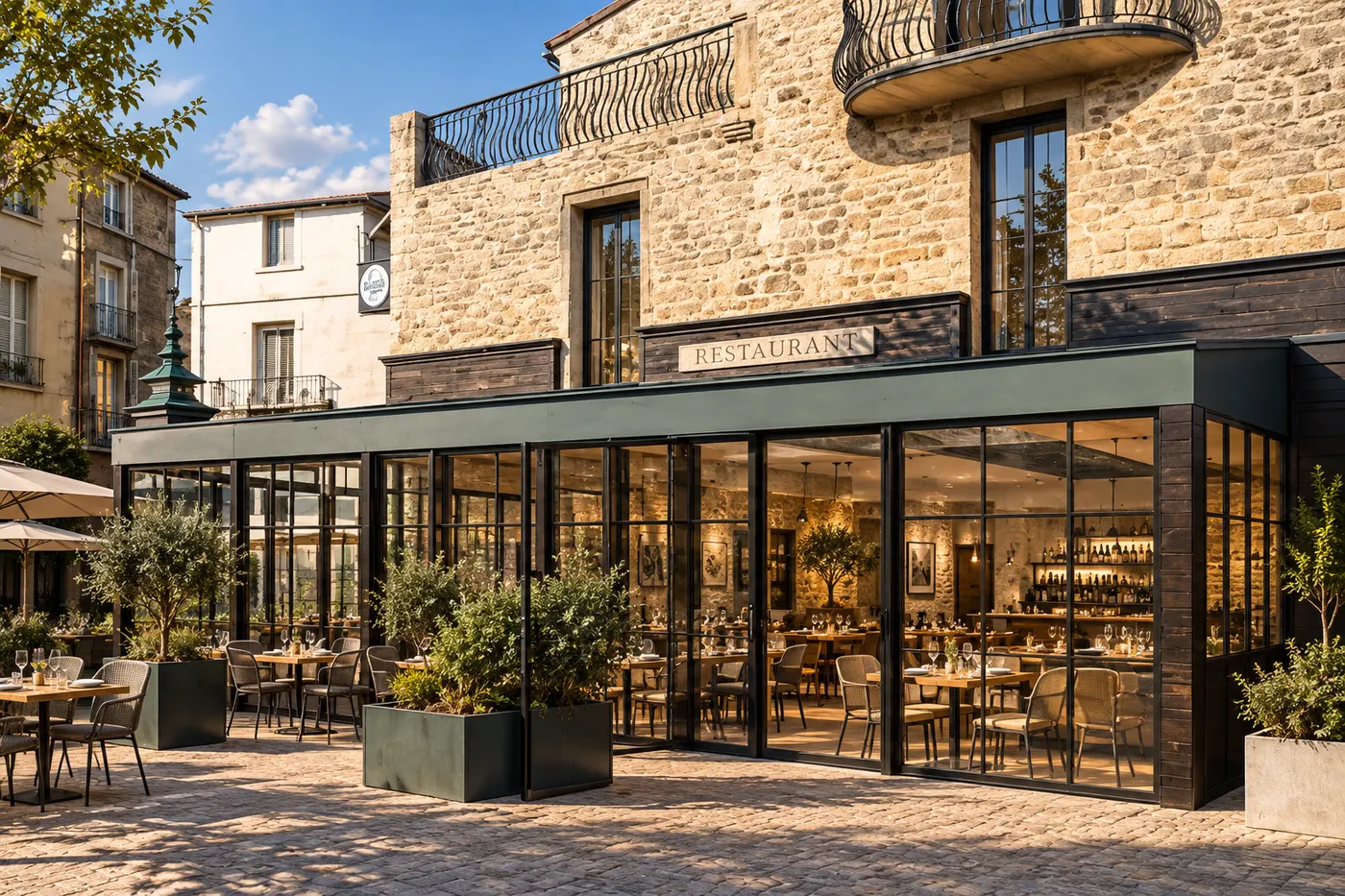 Perspective du bar-restaurant rénové : façade en pierre, extension largement vitrée aux menuiseries métalliques sombres et terrasse plantée d’oliviers
