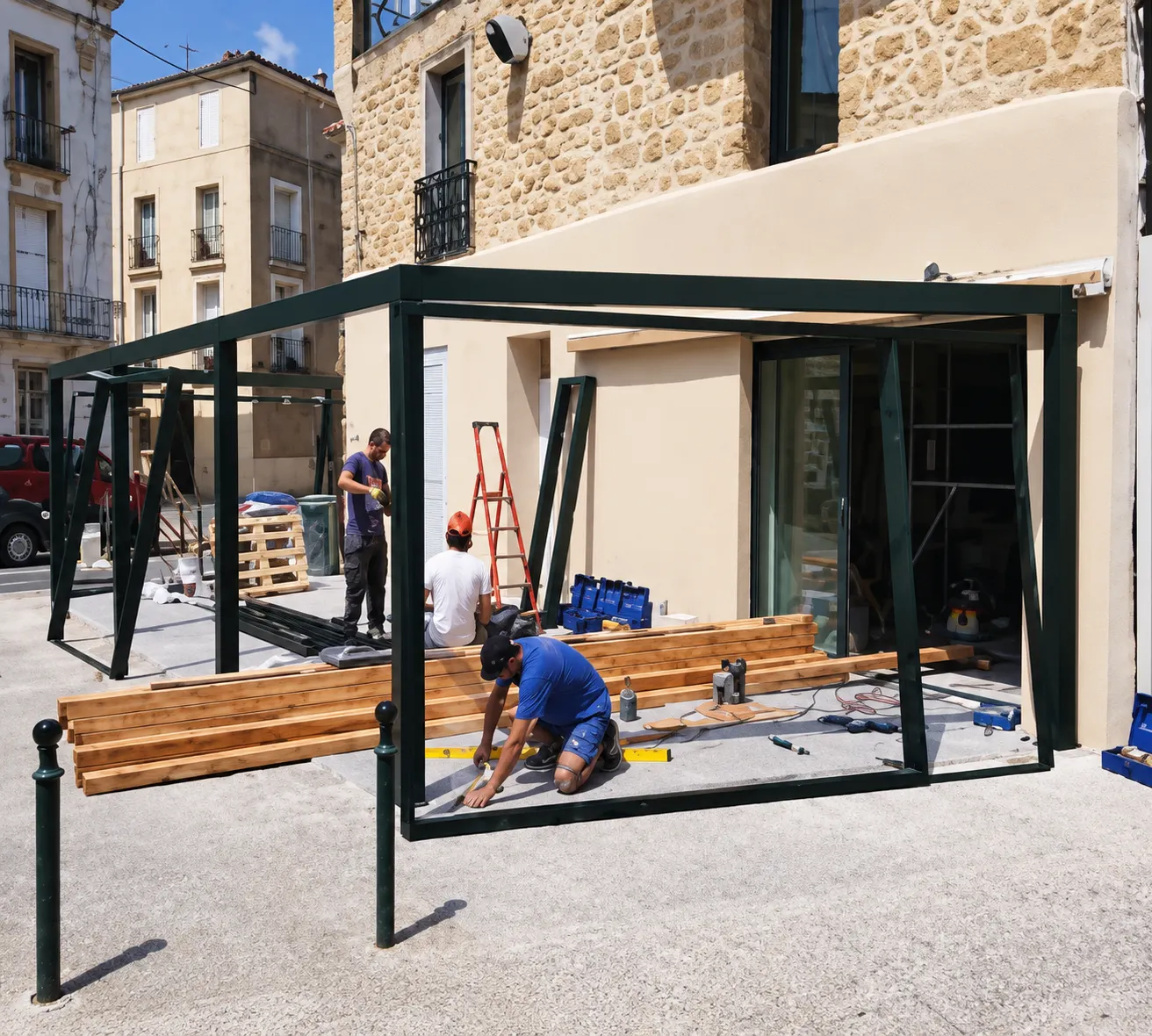 Ouvriers montant la structure d’une véranda devant le bar-restaurant de Marsillargues