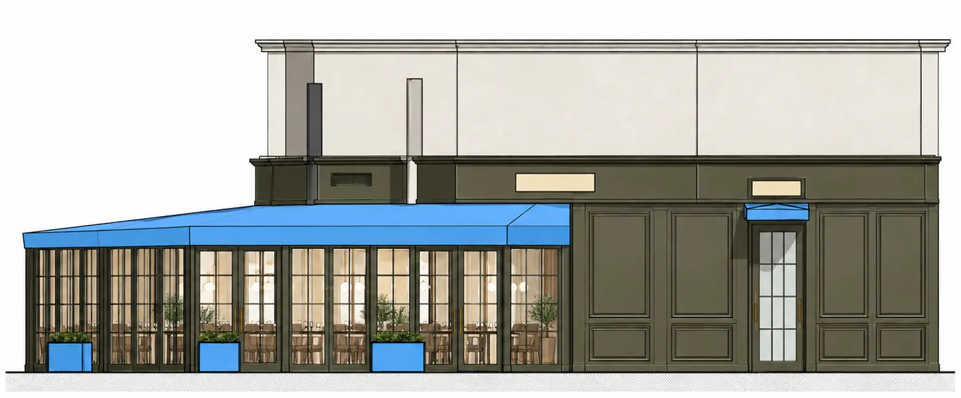 Façade nord-est dessinée : la terrasse couverte vitrée sous son store, à côté de la façade aux panneaux sombres