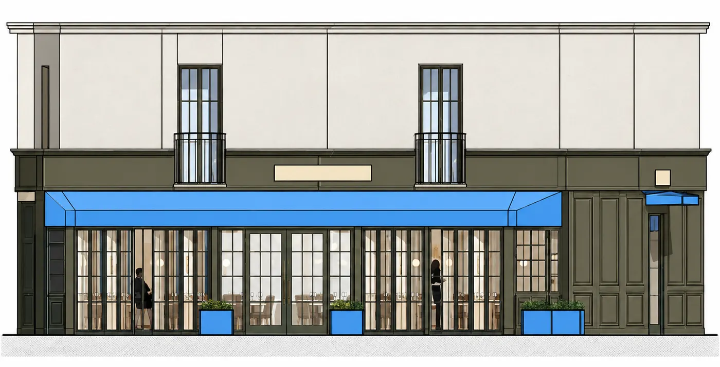 Façade sud-est dessinée : rez-de-chaussée entièrement vitré sous un store bleu, étage enduit avec deux portes-fenêtres à garde-corps