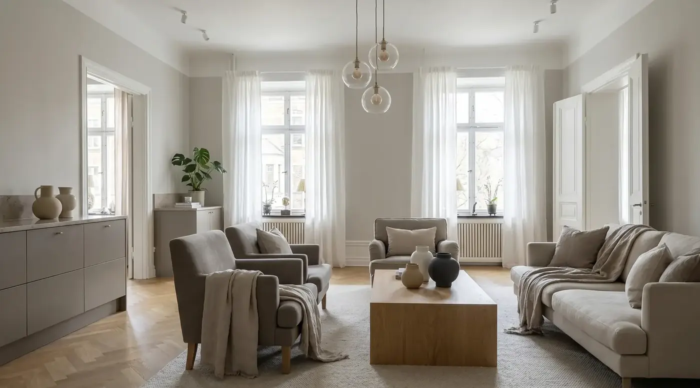 Séjour de l’appartement rénové : parquet clair, hautes fenêtres à voilages, canapé et fauteuils autour d’une table basse en bois