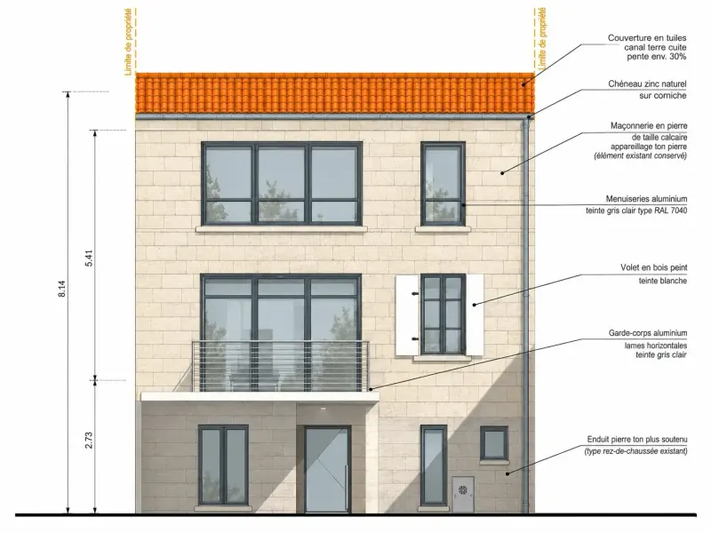 Façade sur jardin cotée, matériaux annotés