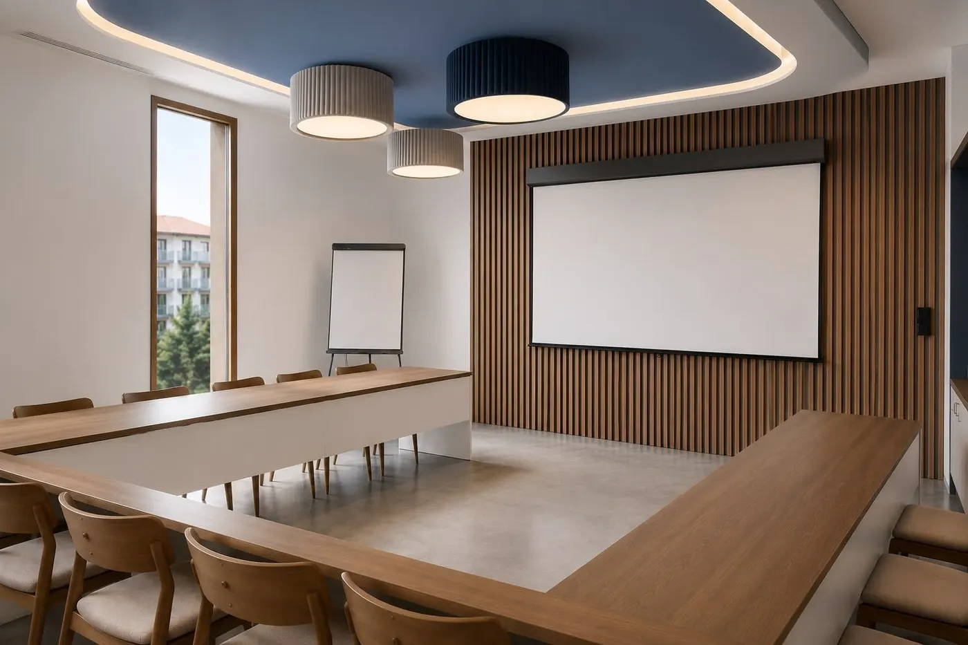 Salle de cours : tables en bois et mur habillé de tasseaux