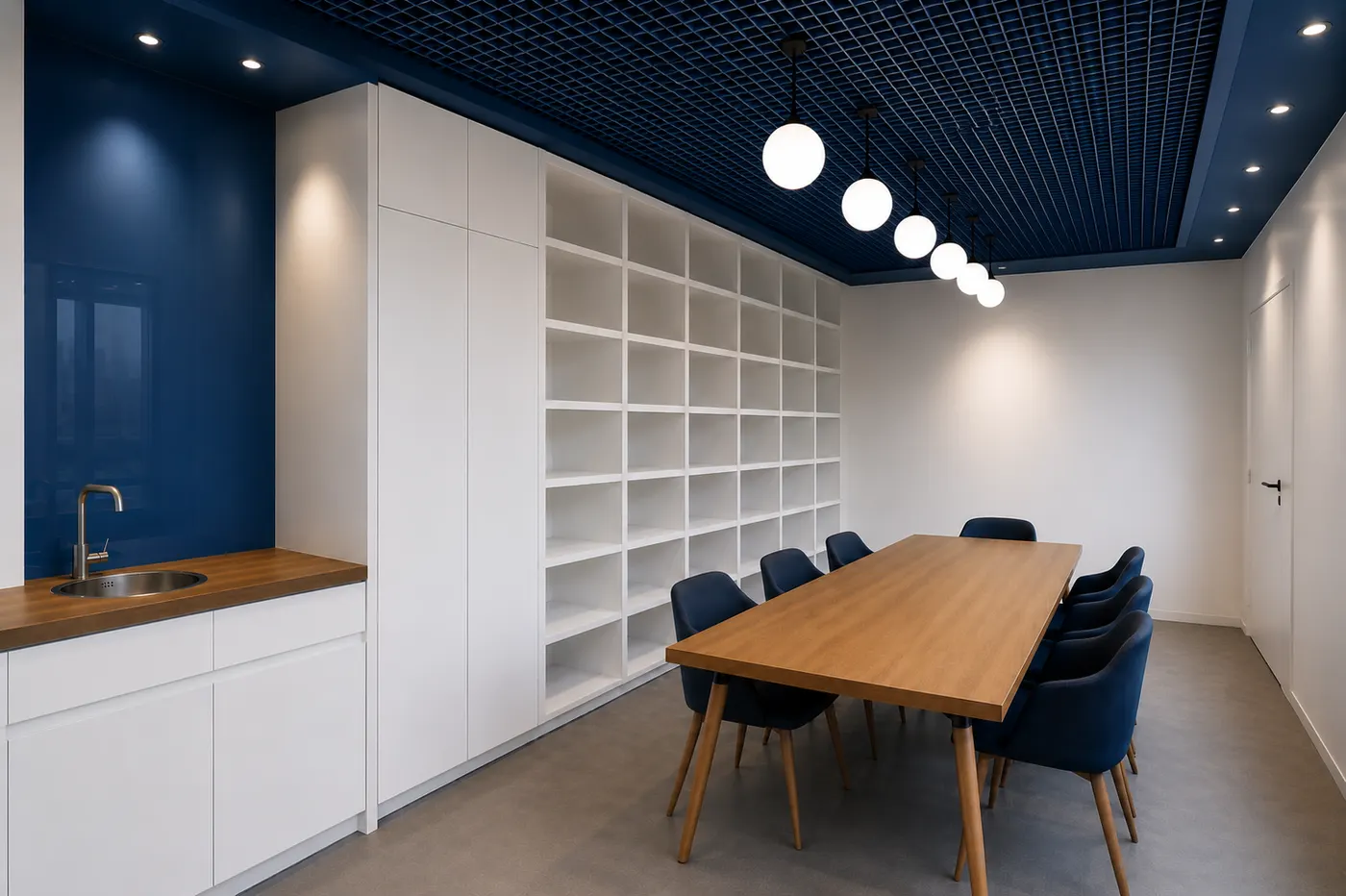 Espace commun : kitchenette, grande bibliothèque blanche, table en bois et chaises bleues sous un plafond bleu