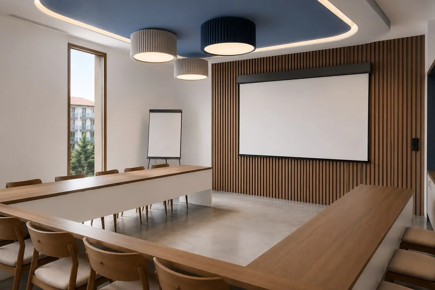 Salle de cours : tables en bois disposées en U, chaises en bois, mur habillé de tasseaux et écran de projection