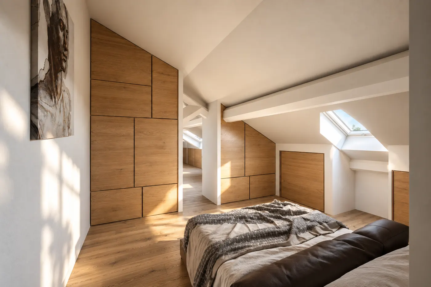 Perspective d’une chambre sous les rampants : placards en bois dessinés sur mesure qui suivent la pente du toit, fenêtre de toit