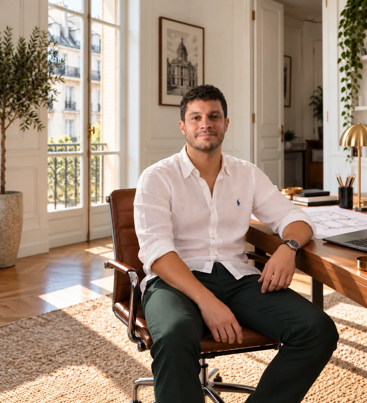 Guillaume Godin assis à son bureau, en chemise blanche, devant ses plans et son ordinateur