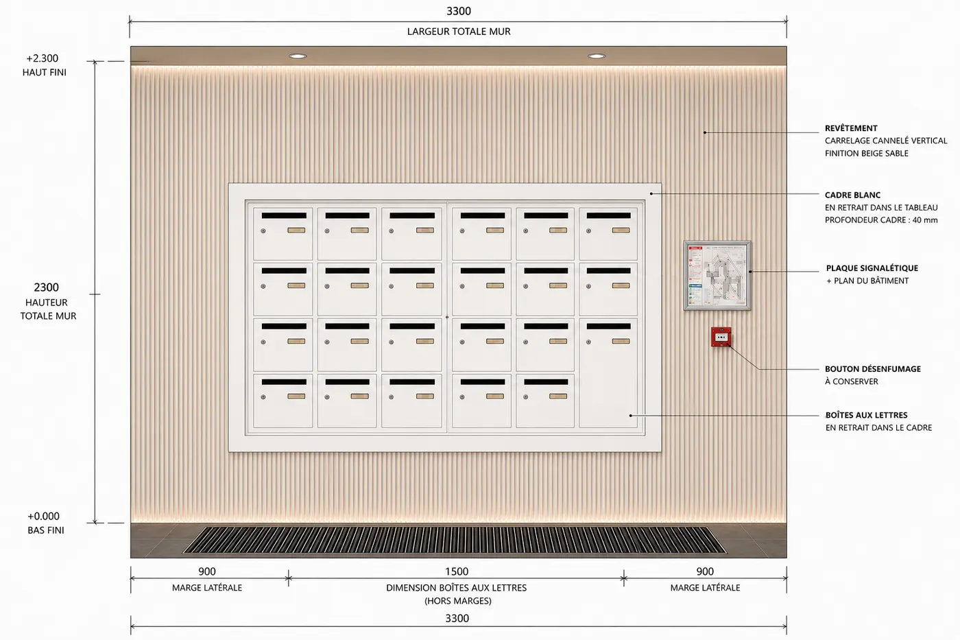 Élévation cotée du mur des boîtes aux lettres : cadre blanc, habillage vertical, plaque signalétique et revêtements annotés