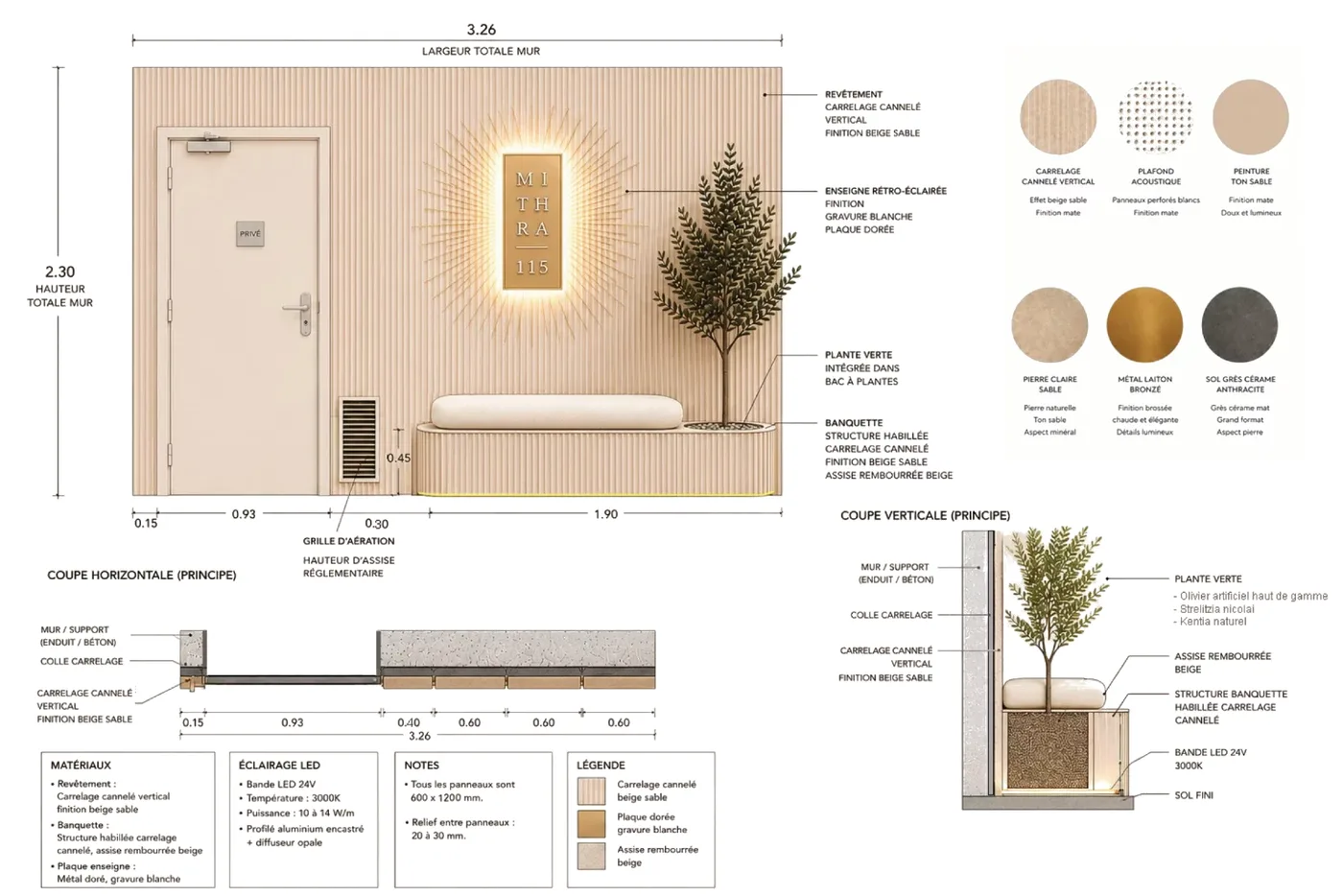 Planche de détails du mur d’entrée&nbsp;: élévation cotée de 3,26 × 2,30&nbsp;m avec porte, banquette, enseigne rétroéclairée et plante, coupes horizontale et verticale, matériaux et éclairage