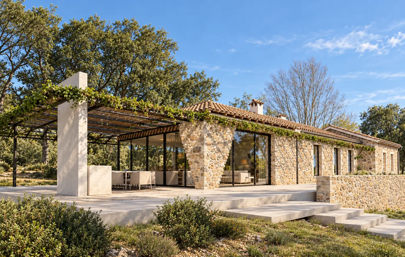 Perspective de la maison réhabilitée : façade en pierre, grande baie vitrée et pergola végétalisée sur la terrasse
