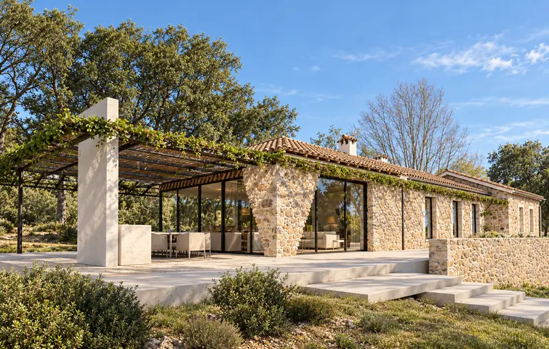 Perspective du projet : la même maison en pierre, grande baie vitrée et pergola végétalisée sur la terrasse