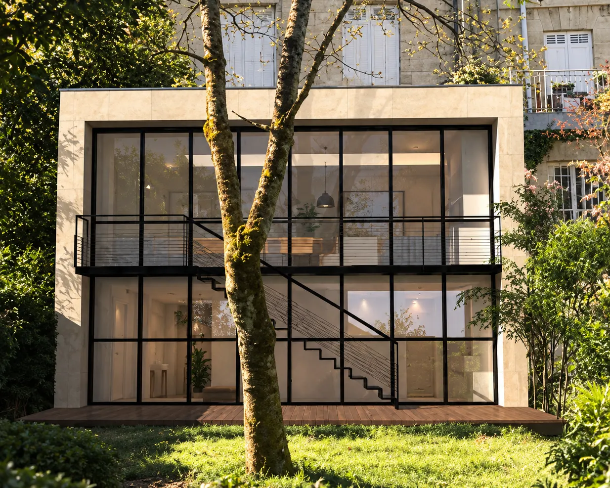 Extension vitrée sur deux niveaux à l’arrière d’un hôtel particulier, derrière un arbre du jardin