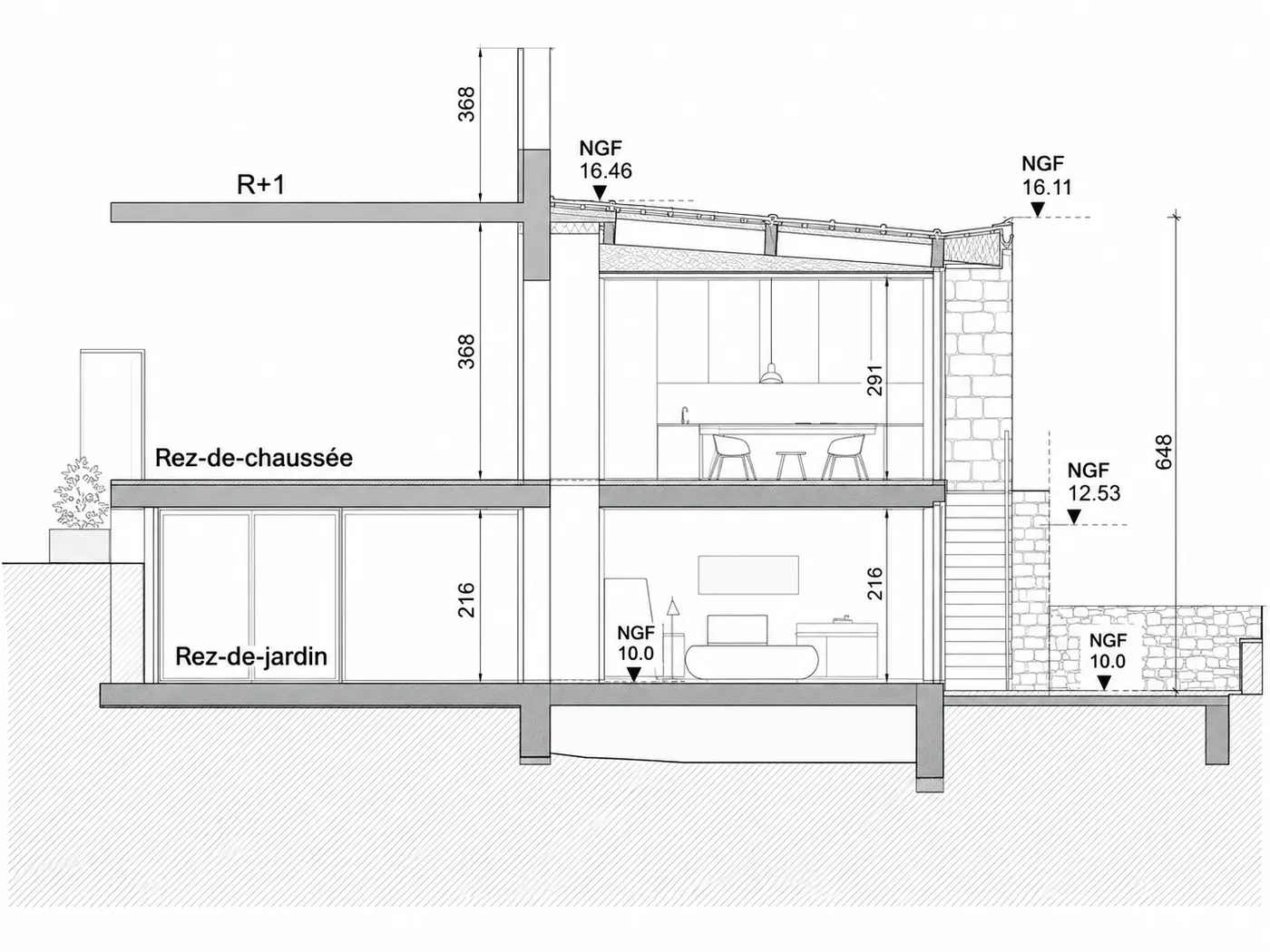 Coupe sur l’extension : rez-de-jardin, rez-de-chaussée et R+1, avec les niveaux NGF