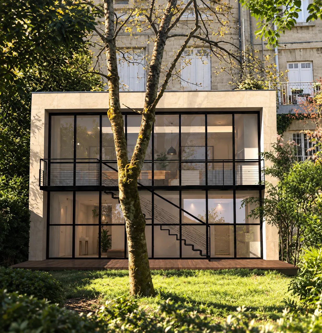 Perspective de l’extension sur jardin : volume largement vitré à menuiseries noires, escalier intérieur visible, devant la façade en pierre de l’hôtel particulier