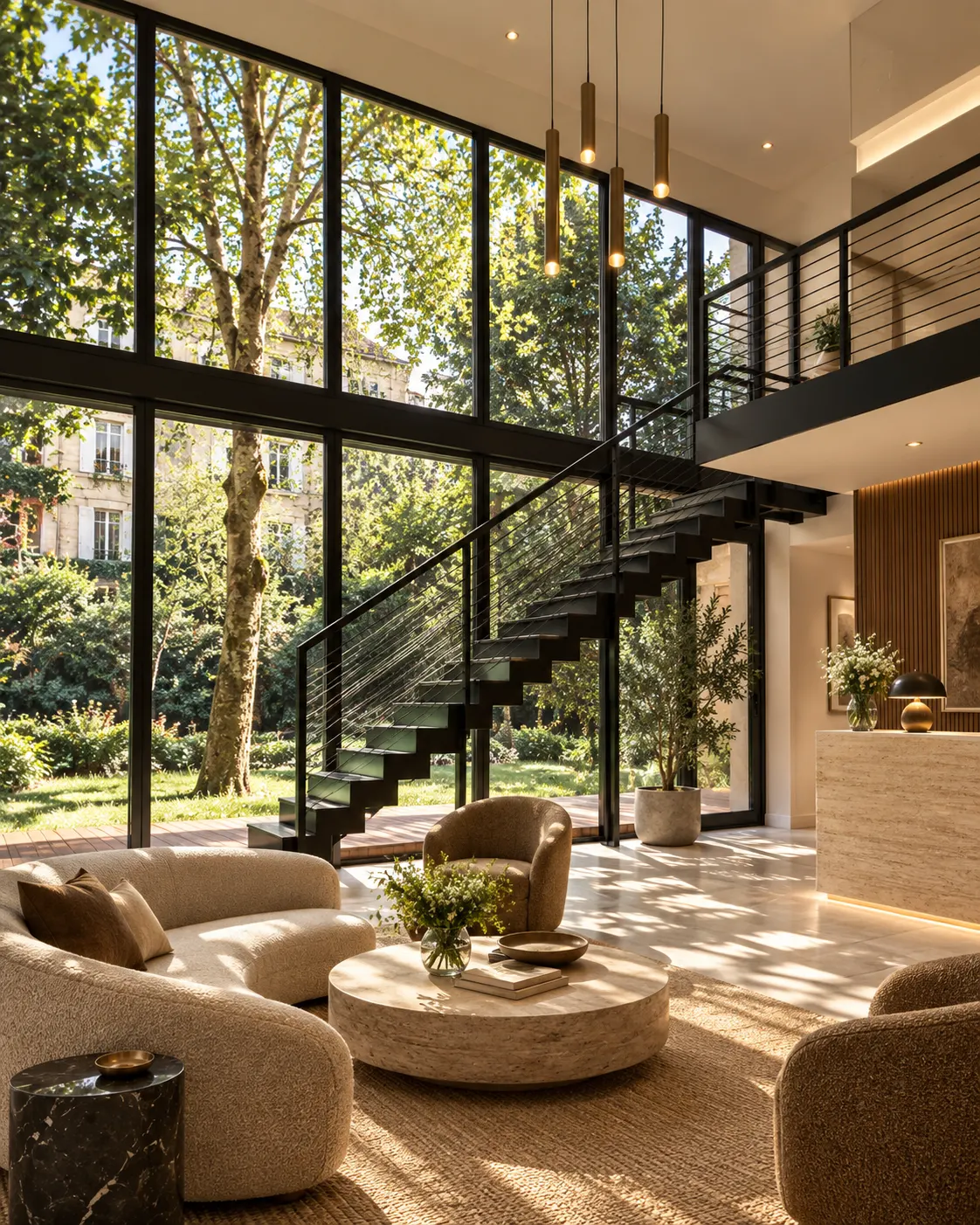 Intérieur de l’extension : double hauteur vitrée sur le jardin, escalier métallique et coin salon