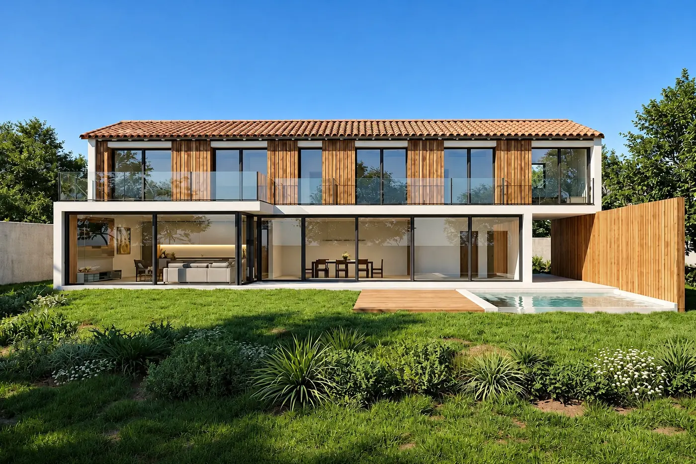 Maison sur deux niveaux aux Angles, façade bois et pierre ouverte sur le jardin