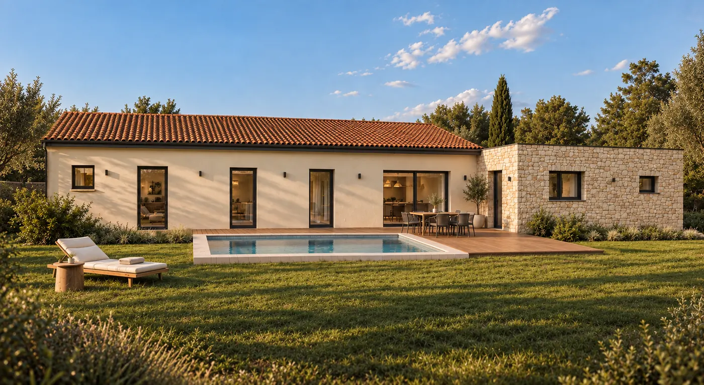 Perspective de la maison de plain-pied côté jardin : long volume enduit sous tuiles, volume en pierre à toit plat, terrasse en bois et piscine