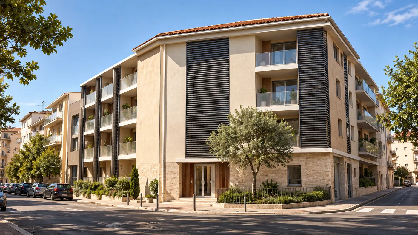 Perspective de la résidence à l’angle de deux rues : façades en enduit clair, grandes lames verticales sombres, balcons vitrés et olivier devant l’entrée