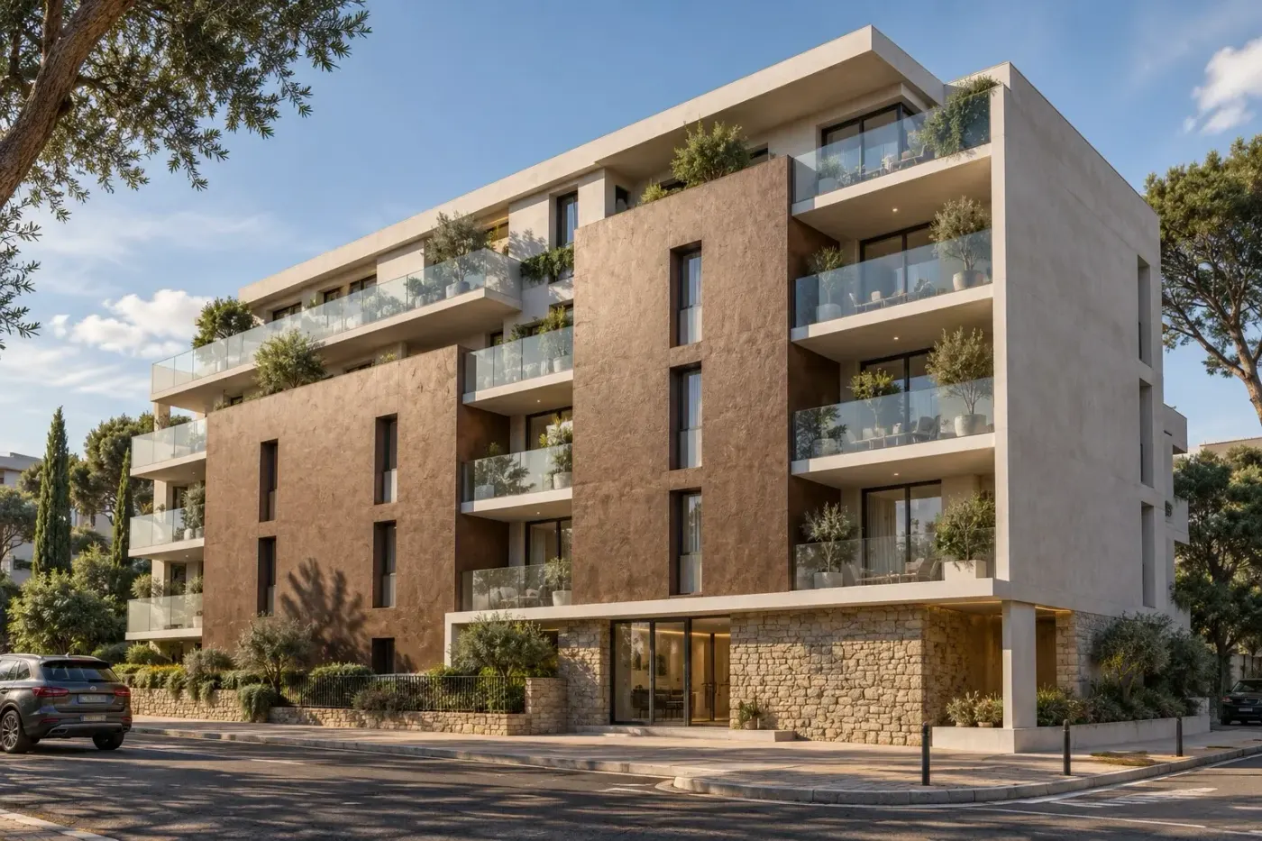Résidence de 31 logements collectifs à Sète&nbsp;: volumes bruns, enduit clair, soubassement en pierre et balcons vitrés