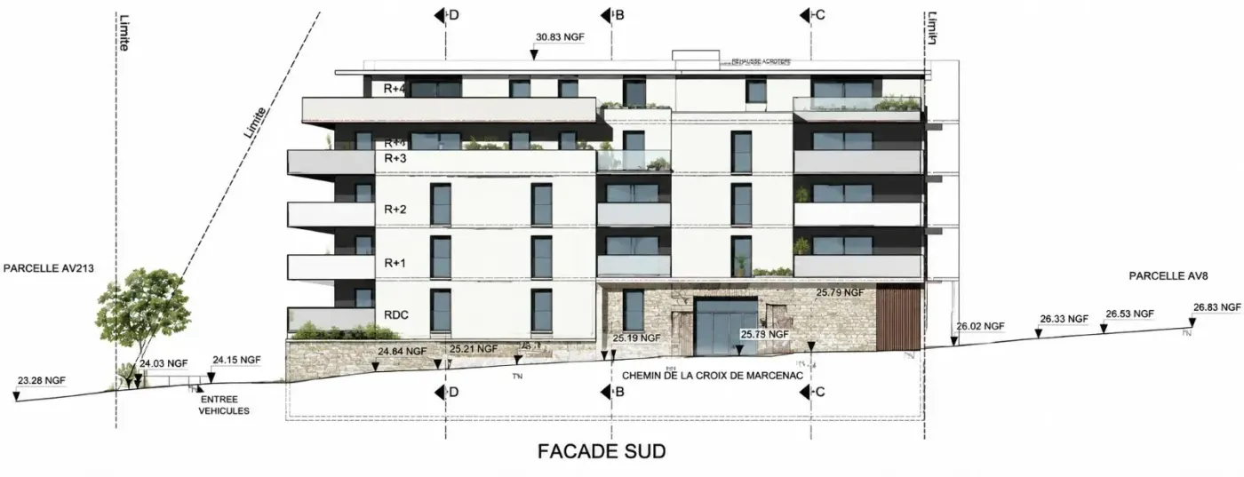 Façade sud cotée sur le chemin de la Croix de Marcenac&nbsp;: niveaux du rez-de-chaussée au R+4, soubassement en pierre