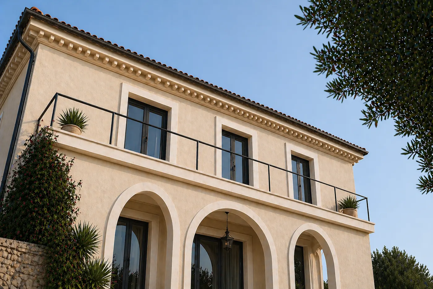 Vue en contre-plongée de la façade : arcades en pierre au rez-de-chaussée et balcon à garde-corps métallique à l’étage
