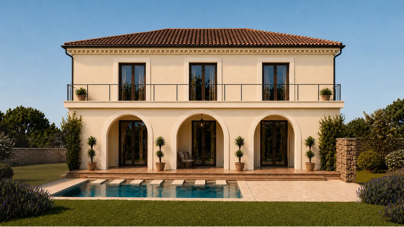 Perspective de la maison neuve&nbsp;: façade en enduit clair, trois arcades au rez-de-chaussée, balcon filant à l’étage, toiture en tuiles et piscine au premier plan