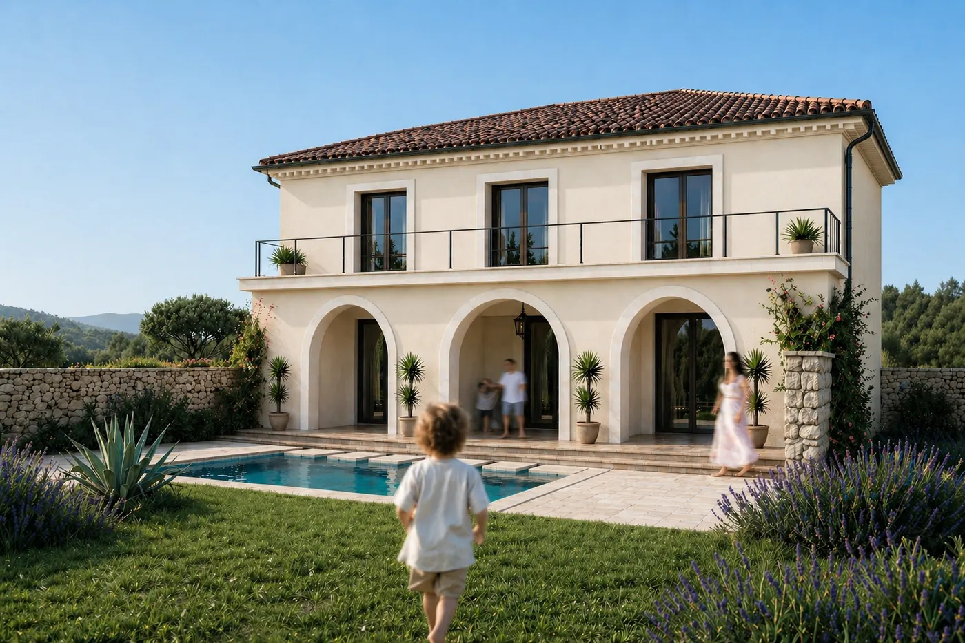 Perspective du projet depuis le jardin : maison à arcades, piscine et pelouse bordée de lavandes