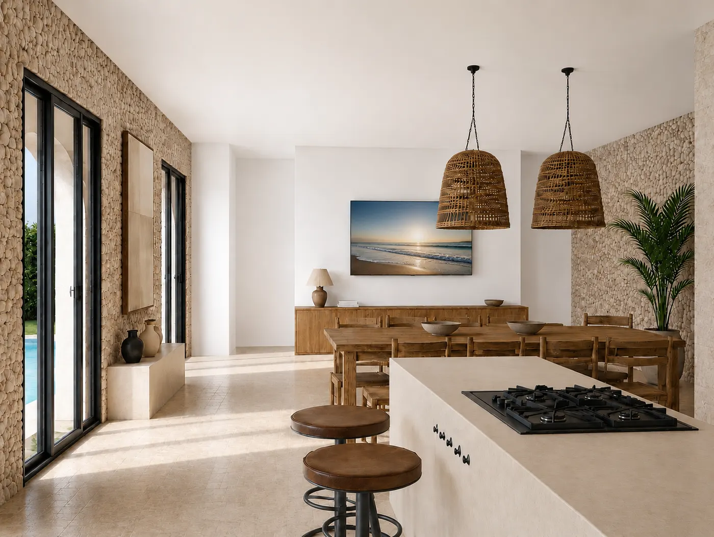 Perspective intérieure : cuisine ouverte et salle à manger, murs en pierre, grandes baies vitrées sur la piscine