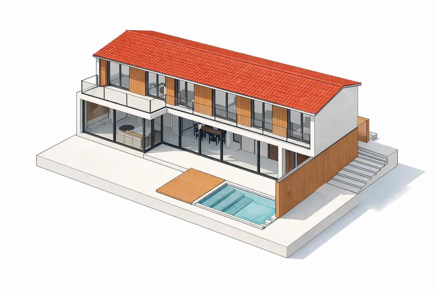 Axonométrie de la maison : toiture en tuiles, balcon filant, terrasse en bois et piscine