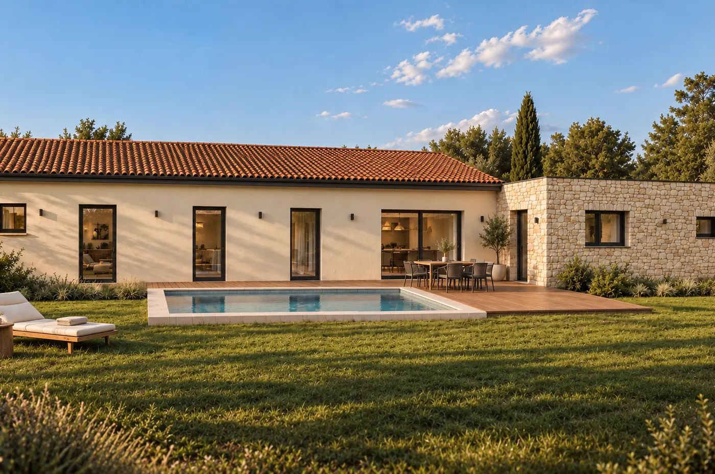 Maison de plain-pied enduite et pierre, toiture en tuiles et piscine