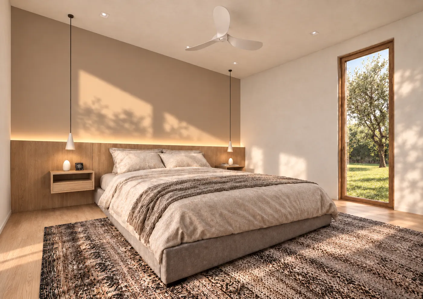 Perspective d’une chambre : tête de lit en bois, haute fenêtre verticale à menuiserie bois donnant sur un olivier