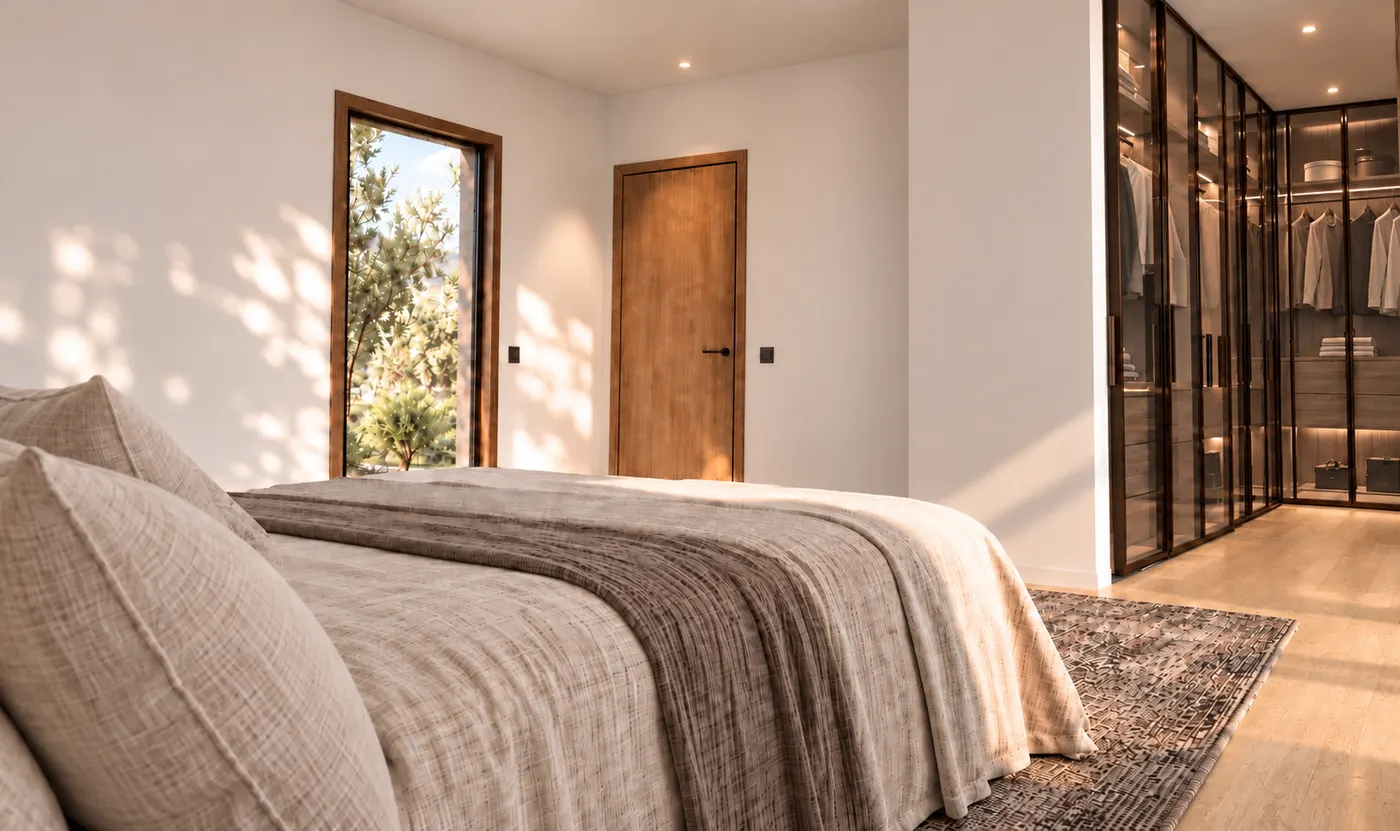 Perspective d’une chambre ouverte sur un dressing vitré, fenêtre verticale et porte en bois