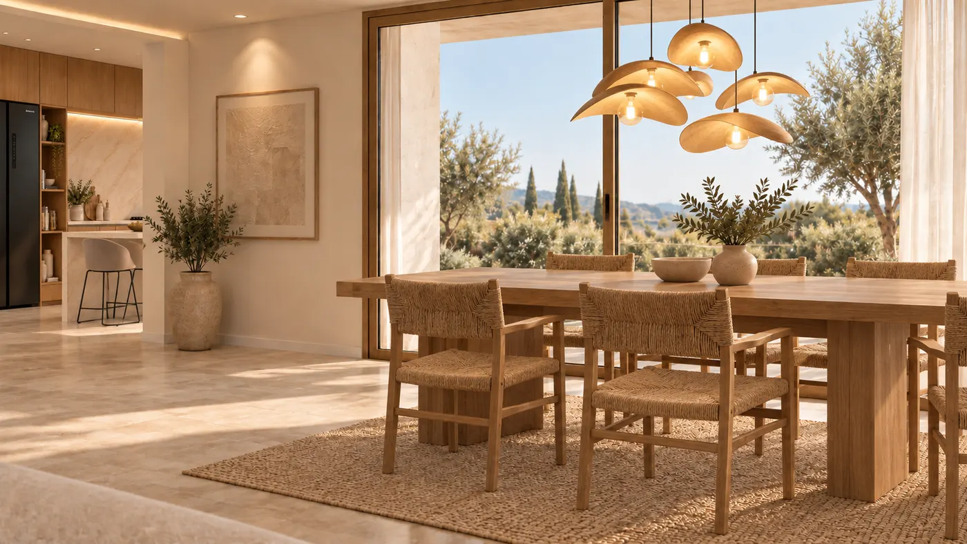 Perspective intérieure : salle à manger devant une grande baie vitrée ouverte sur les oliviers, cuisine en bois au fond