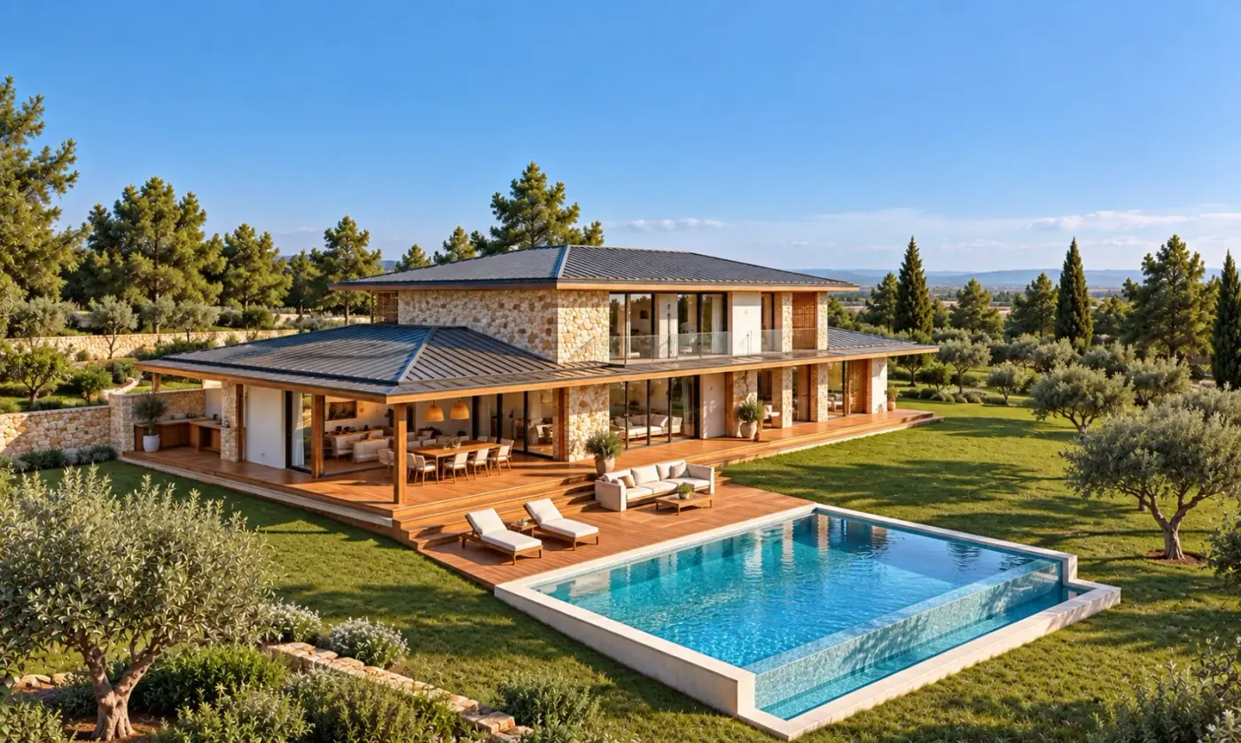 Vue aérienne : la maison, ses terrasses en bois et la piscine, entourées d’oliviers