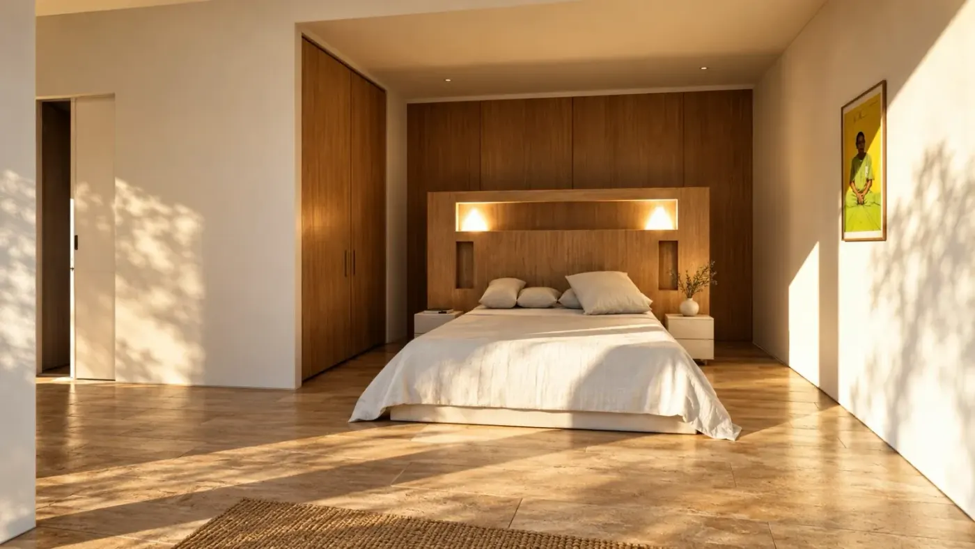 Chambre : tête de lit en bois éclairée, placards en bois et lumière rasante