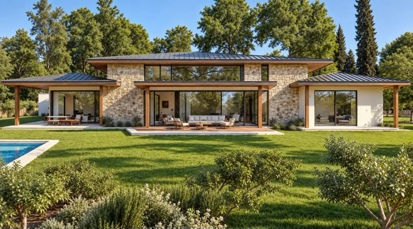 Perspective côté jardin&nbsp;: volumes en pierre et en enduit sous de larges débords de toiture, baies vitrées et poteaux en bois