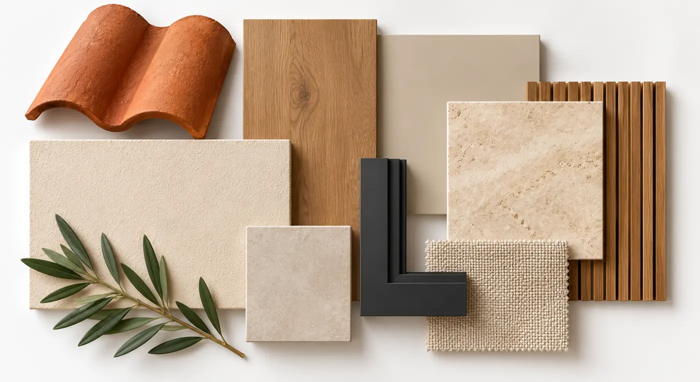 Planche de matériaux : tuile en terre cuite, bardage bois, enduit, pierre claire, menuiserie sombre et verre