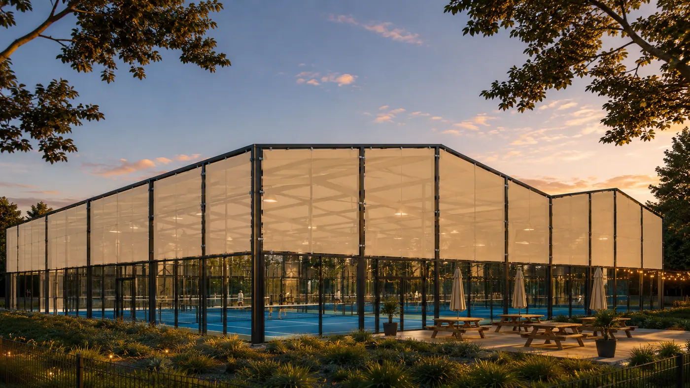 Parc Praden&nbsp;– Couverture&nbsp;: perspective de la grande halle translucide qui couvre les terrains de padel